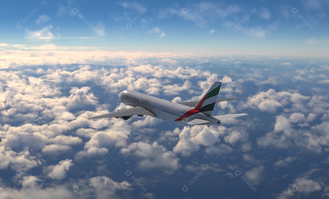 Emirates Boeing 777 voando sobre o céu