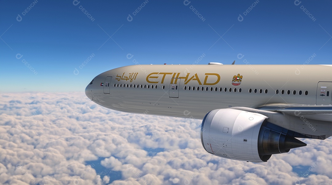 Companhia aérea boeing 747 Etihad voando sobre o céu