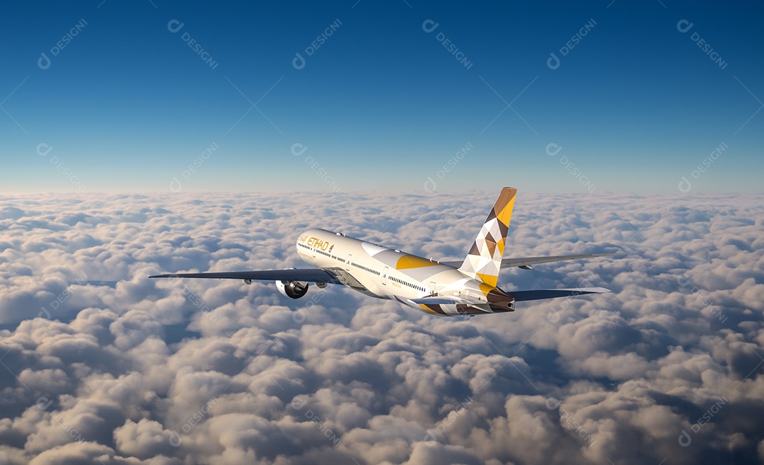 Companhia aérea boeing 747 Etihad voando sobre o céu