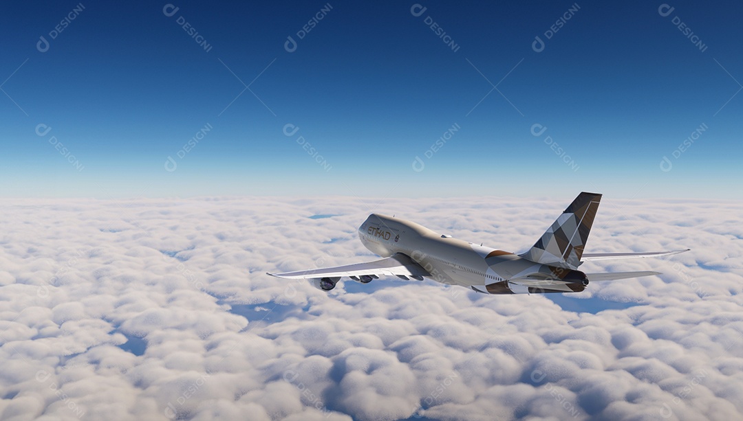 Companhia aérea boeing 747 Etihad voando sobre o céu