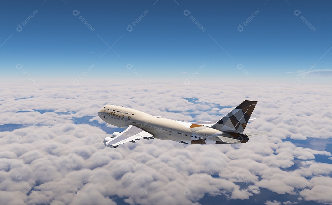 Companhia aérea boeing 747 Etihad voando sobre o céu