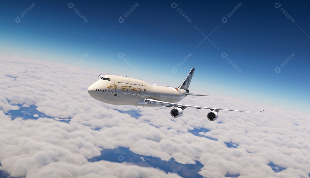 Companhia aérea Etihad voando sobre o céu