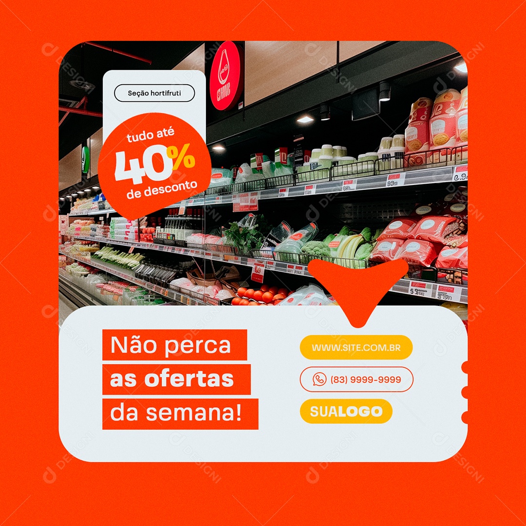 Supermercado Seção Hortifruti tudo Até 40% de Desconto Social Media PSD Editável