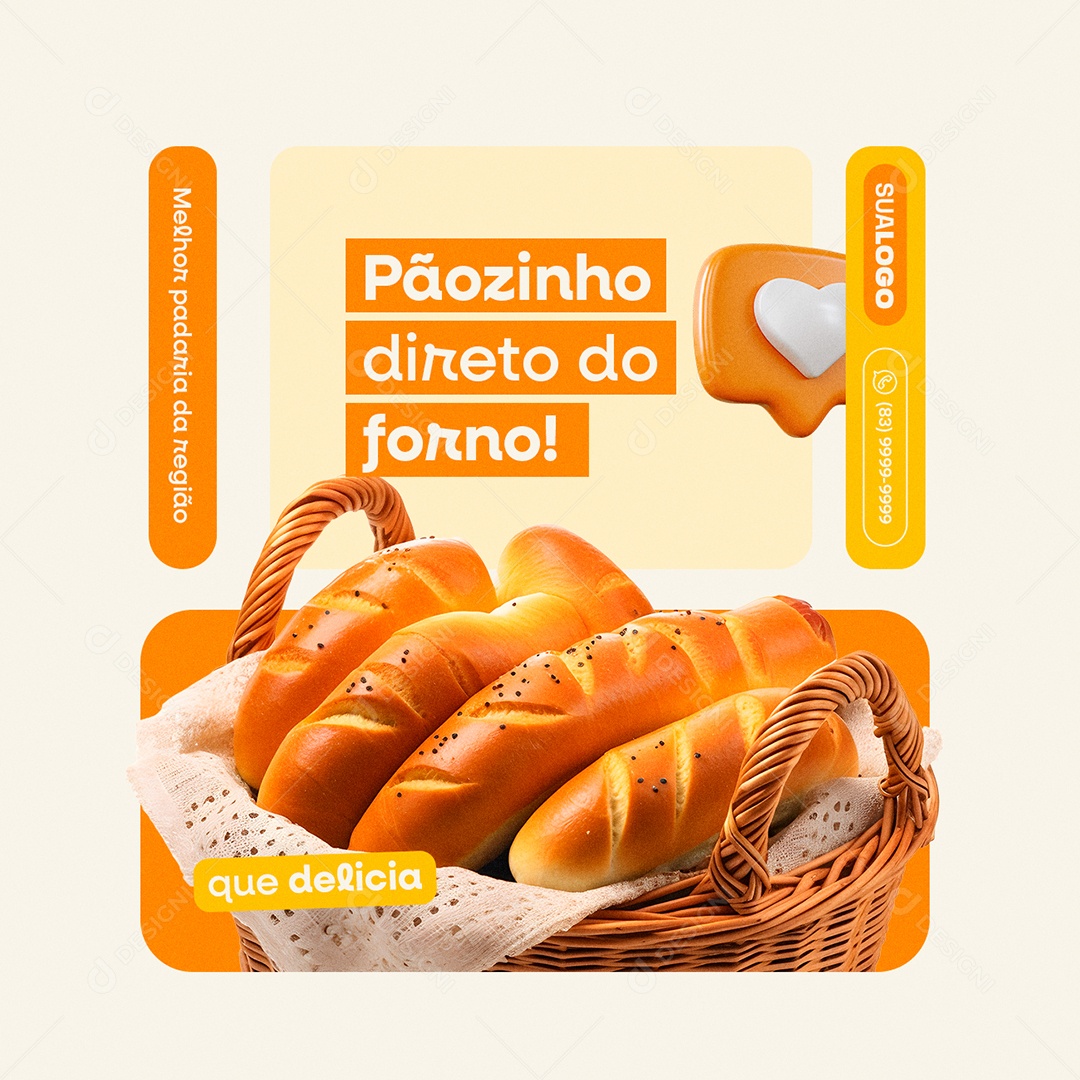 Padaria Pãozinho Direito do Forno que Delicia Social Media PSD Editável