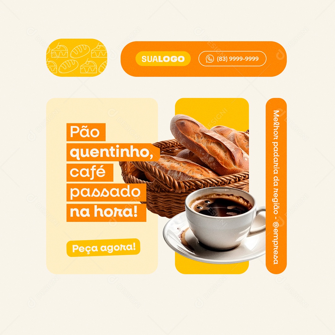 Padaria Pão quentinho Café passado na Hora Social Media PSD Editável