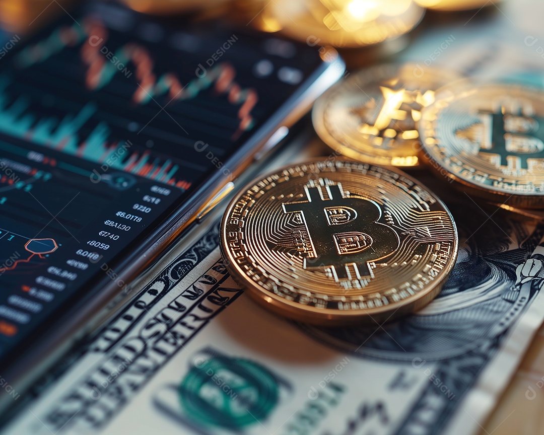 Moedas de ouro Bitcoin e fundo com dólar desfocado