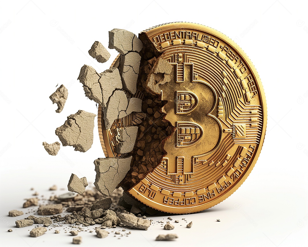 Broken bitcoin coin on white background