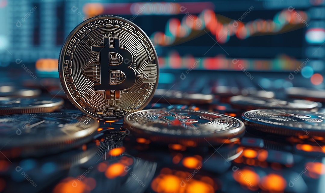 Moedas de ouro Bitcoin criptomoeda virtual e fundo gráfico