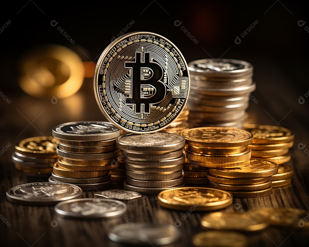 Moeda de ouro Bitcoin criptomoeda virtual e fundo gráfico