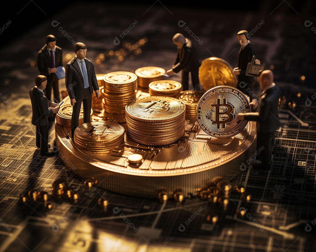 Pessoas em miniatura trabalhando com bitcoins mineração de criptomoeda