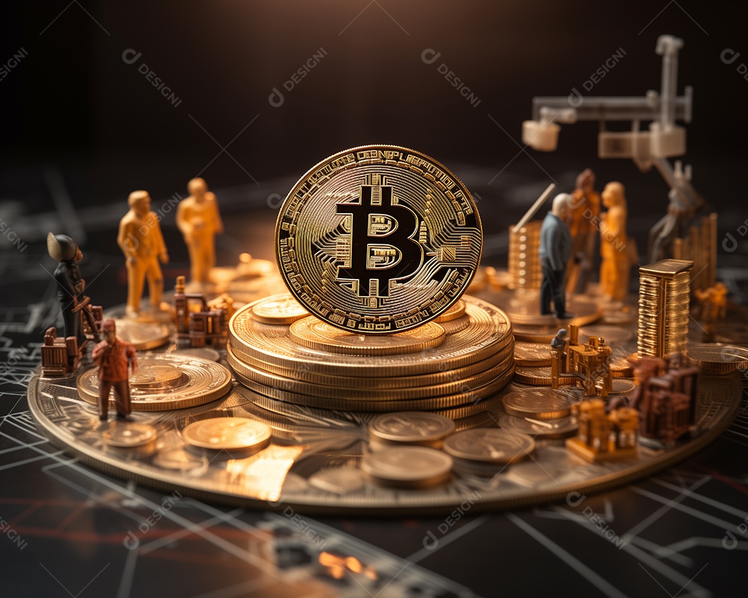 Pessoas em miniatura trabalhando com bitcoins mineração de criptomoeda