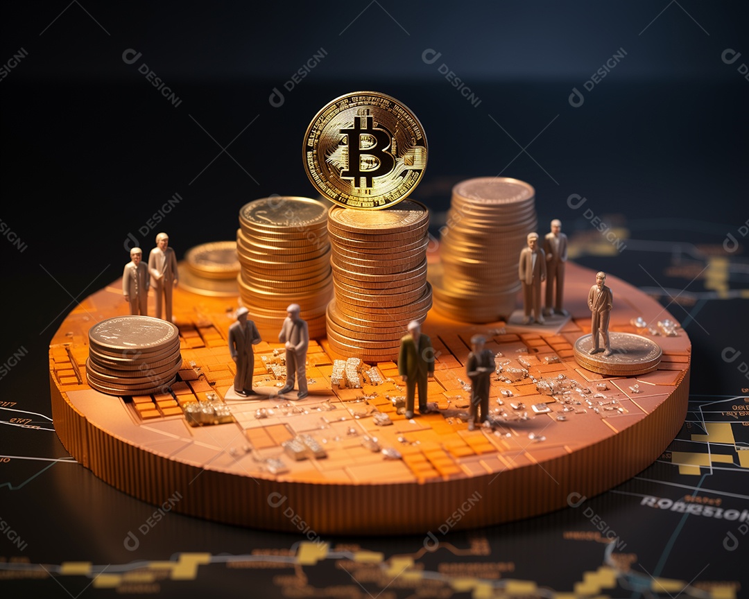 Pessoas em miniatura trabalhando com bitcoins mineração de criptomoeda