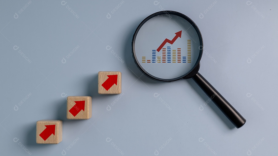 Graphic and up arrow icon in wooden blocks meta development