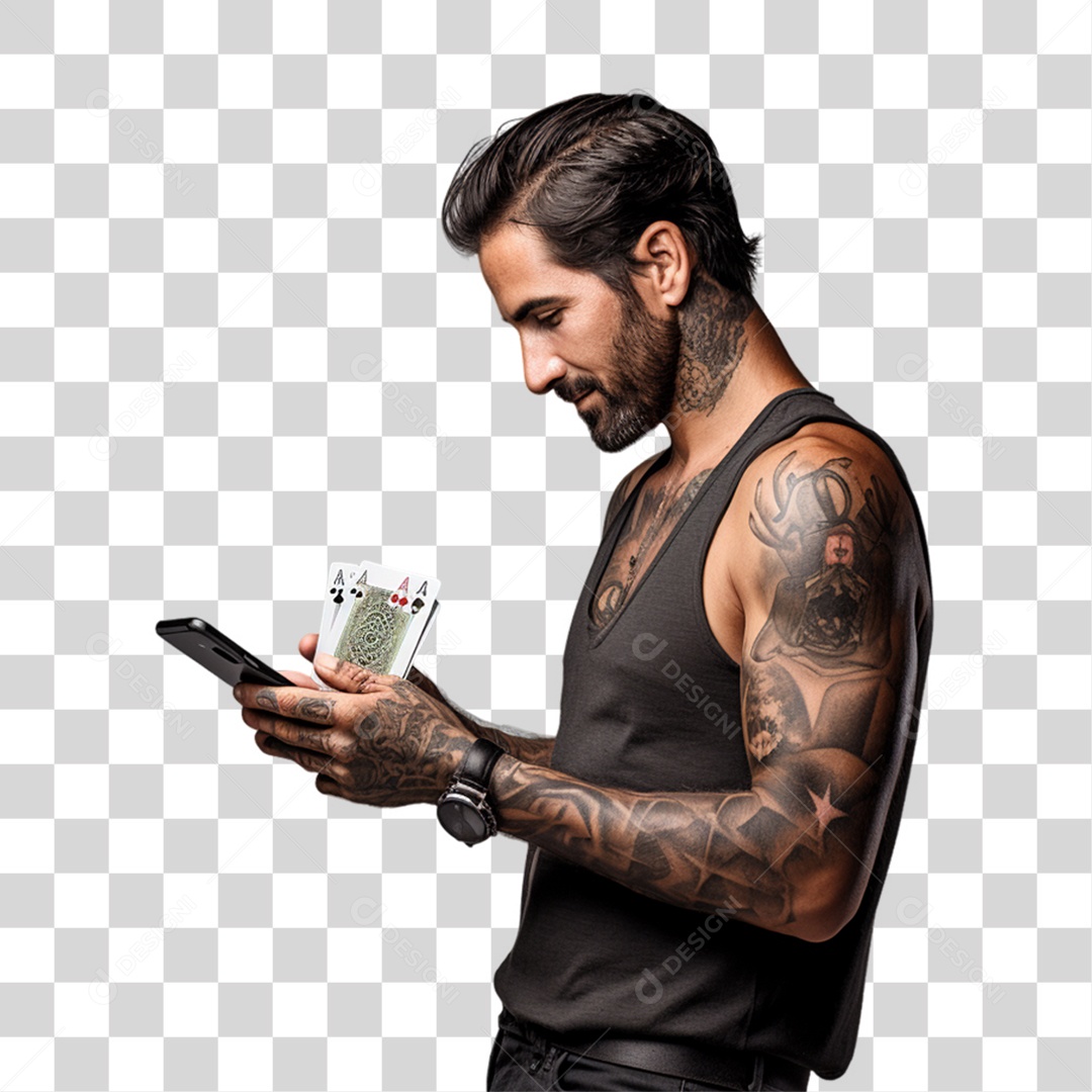 Homem com Celular e Cartas nas Mãos PNG Transparente