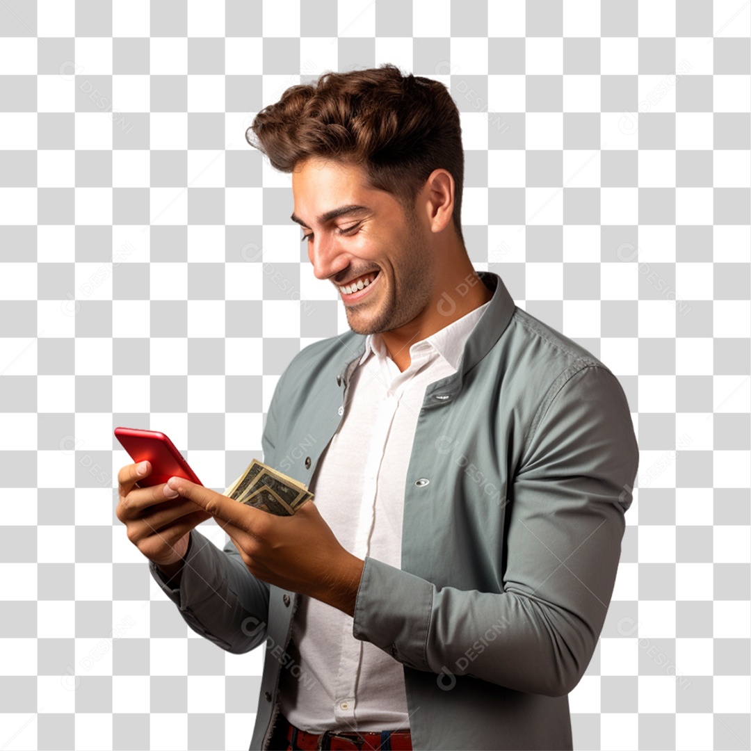 Homem com Celular e Dinheiro nas Mãos PNG Transparente