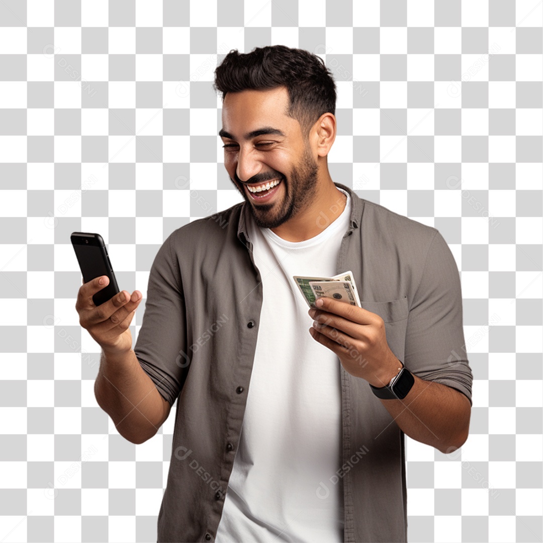 Homem com Celular e Dinheiro nas Mãos PNG Transparente