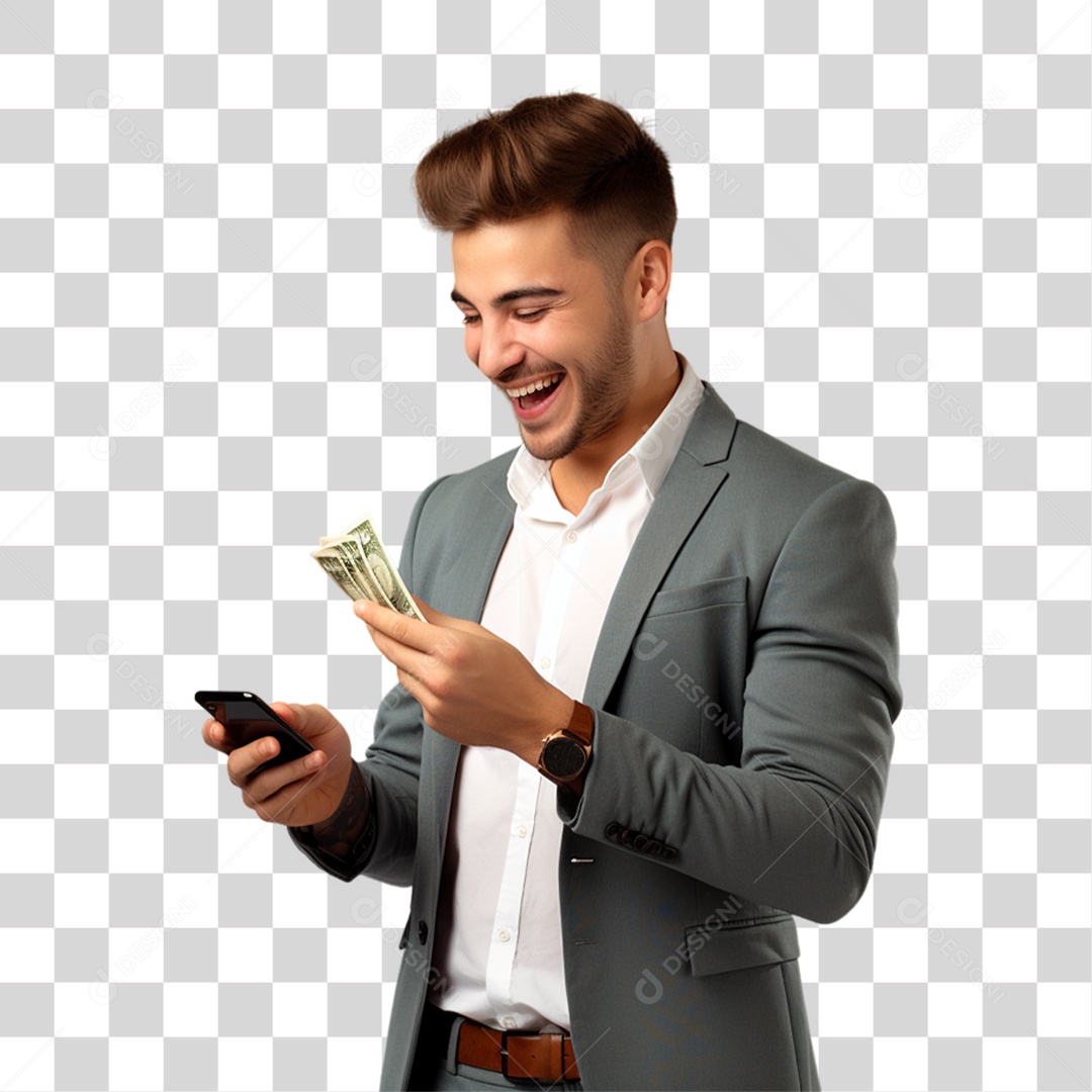 Homem com Celular e Dinheiro nas Mãos PNG Transparente