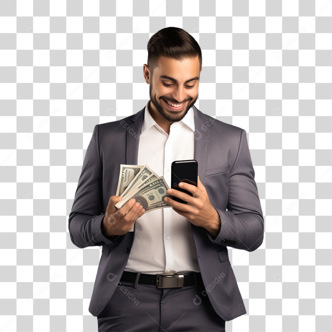 Homem com Celular e Dinheiro nas Mãos PNG Transparente