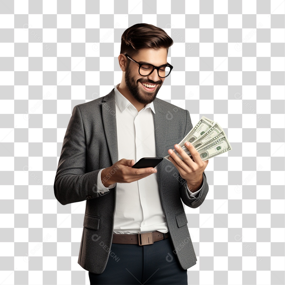 Homem com Celular e Dinheiro nas Mãos PNG Transparente