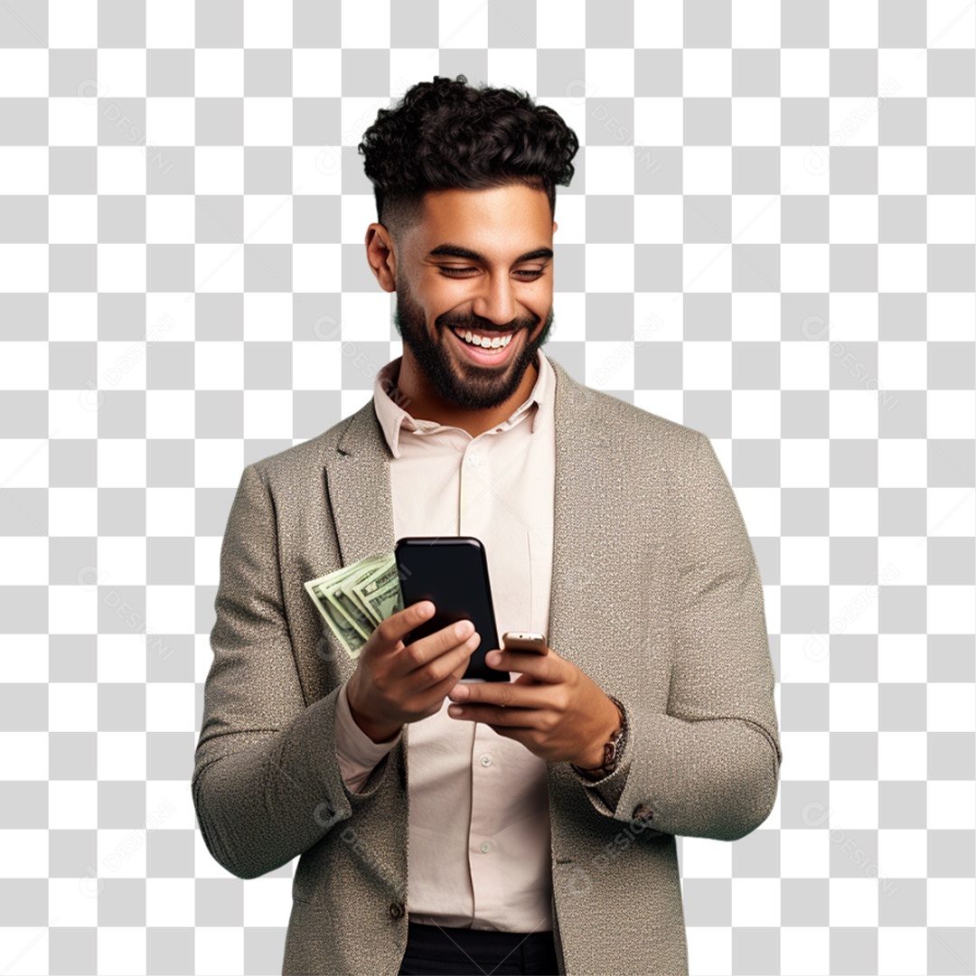 Homem com Celular e Dinheiro nas Mãos PNG Transparente