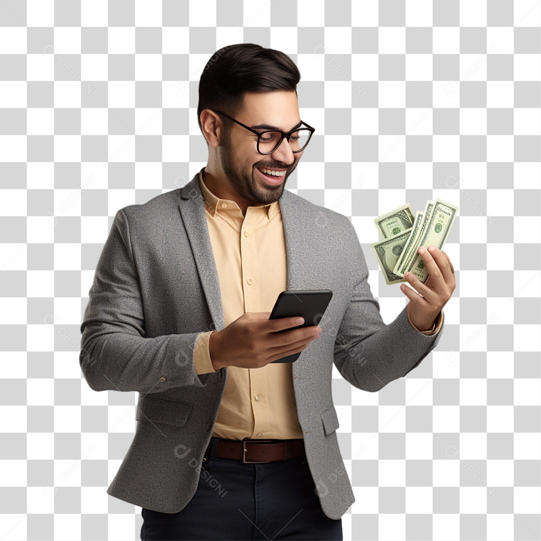 Homem com Celular e Dinheiro nas Mãos PNG Transparente