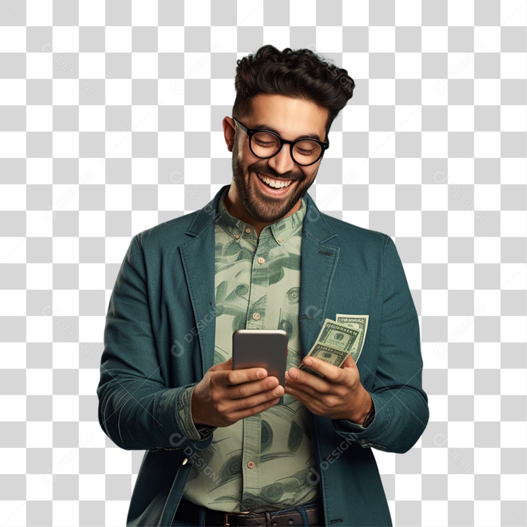 Homem com Celular e Dinheiro nas Mãos PNG Transparente