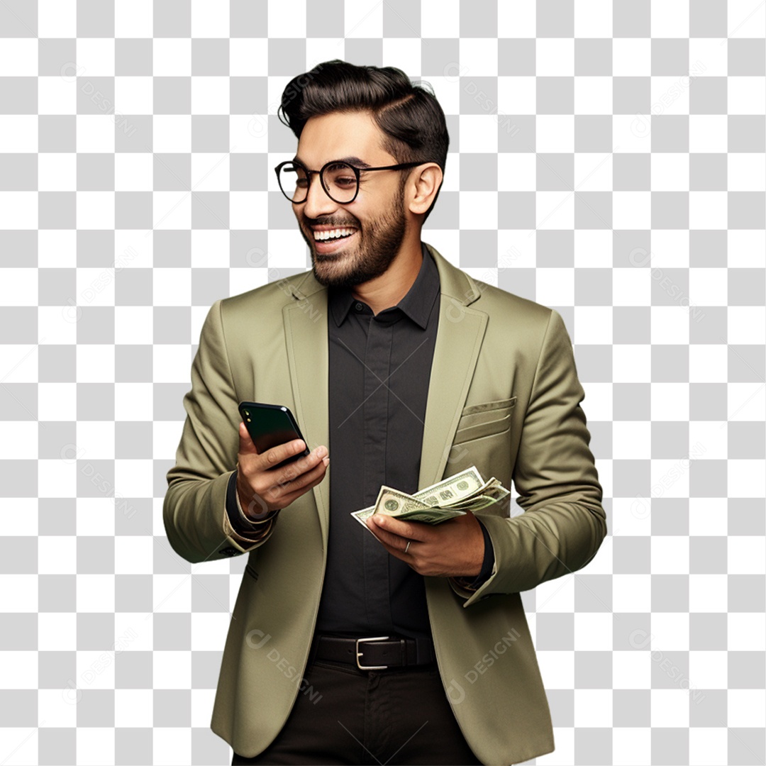 Homem com Celular e Dinheiro nas Mãos PNG Transparente