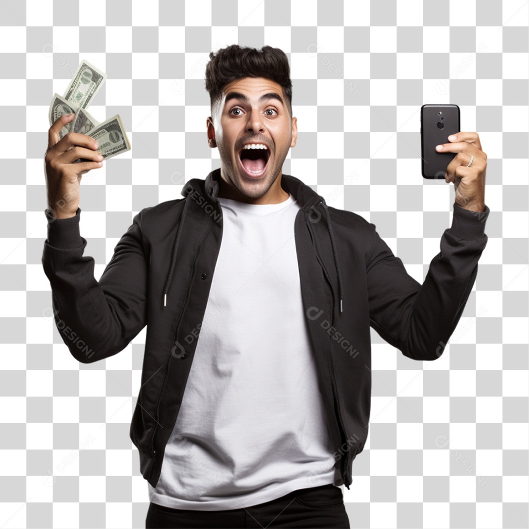 Homem com Celular e Dinheiro nas Mãos PNG Transparente