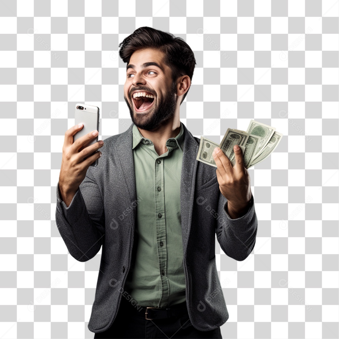 Homem com Celular e Dinheiro nas Mãos PNG Transparente