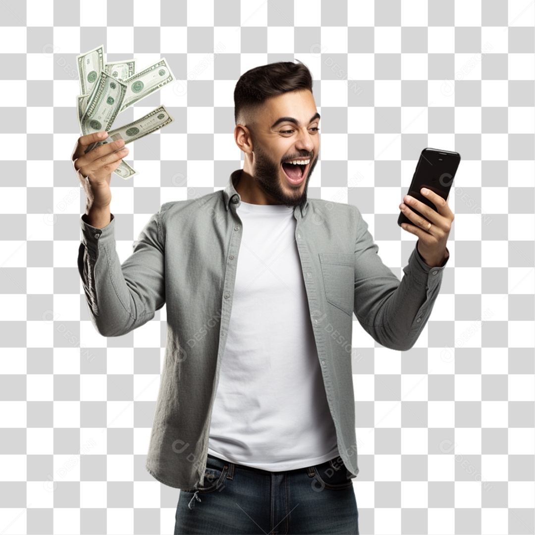 Homem com Celular e Dinheiro nas Mãos PNG Transparente