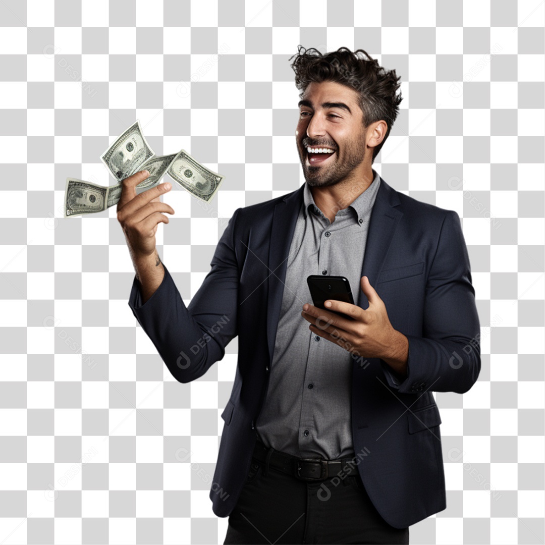 Homem com Celular e Dinheiro nas Mãos PNG Transparente