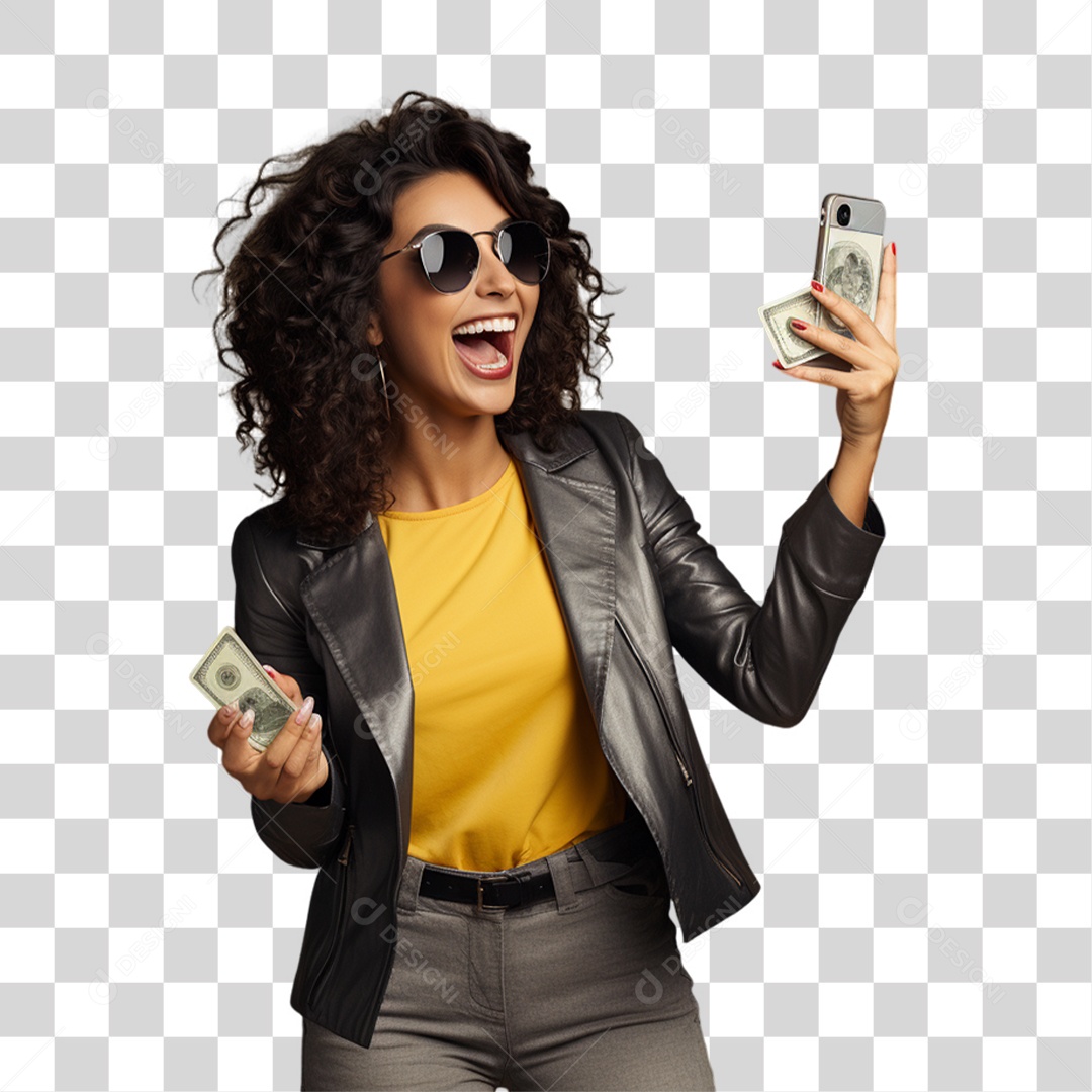 Mulher com Celular e Dinheiro nas Mãos PNG Transparente