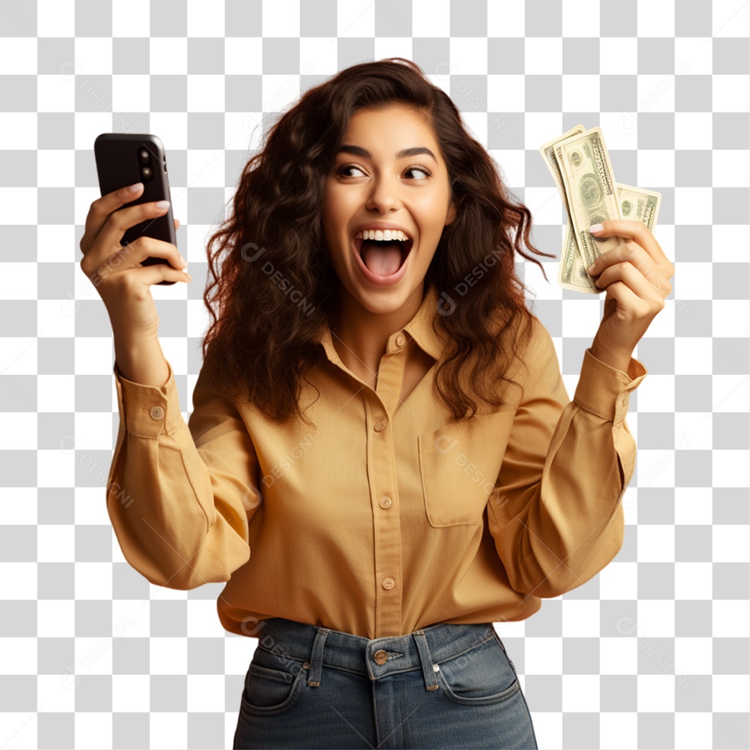 Mulher com Celular e Dinheiro nas Mãos PNG Transparente