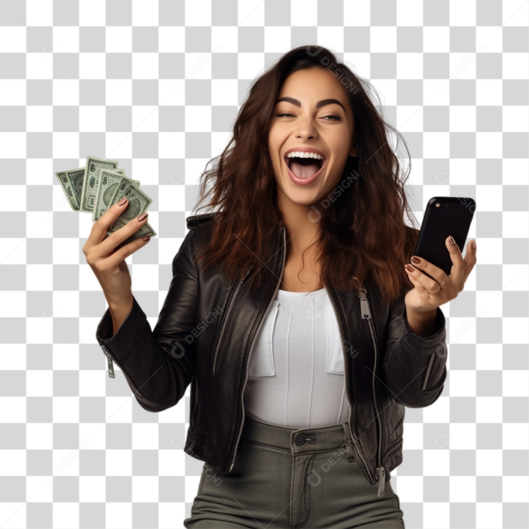 Mulher com Celular e Dinheiro nas Mãos PNG Transparente