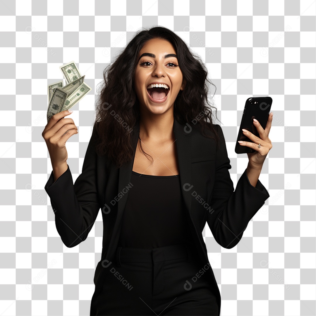 Mulher com Celular e Dinheiro nas Mãos PNG Transparente