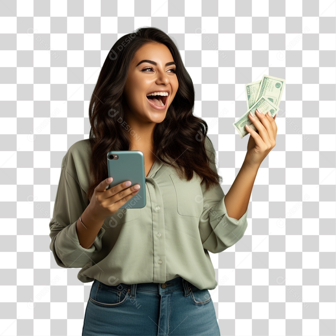 Mulher com Celular e Dinheiro nas Mãos PNG Transparente