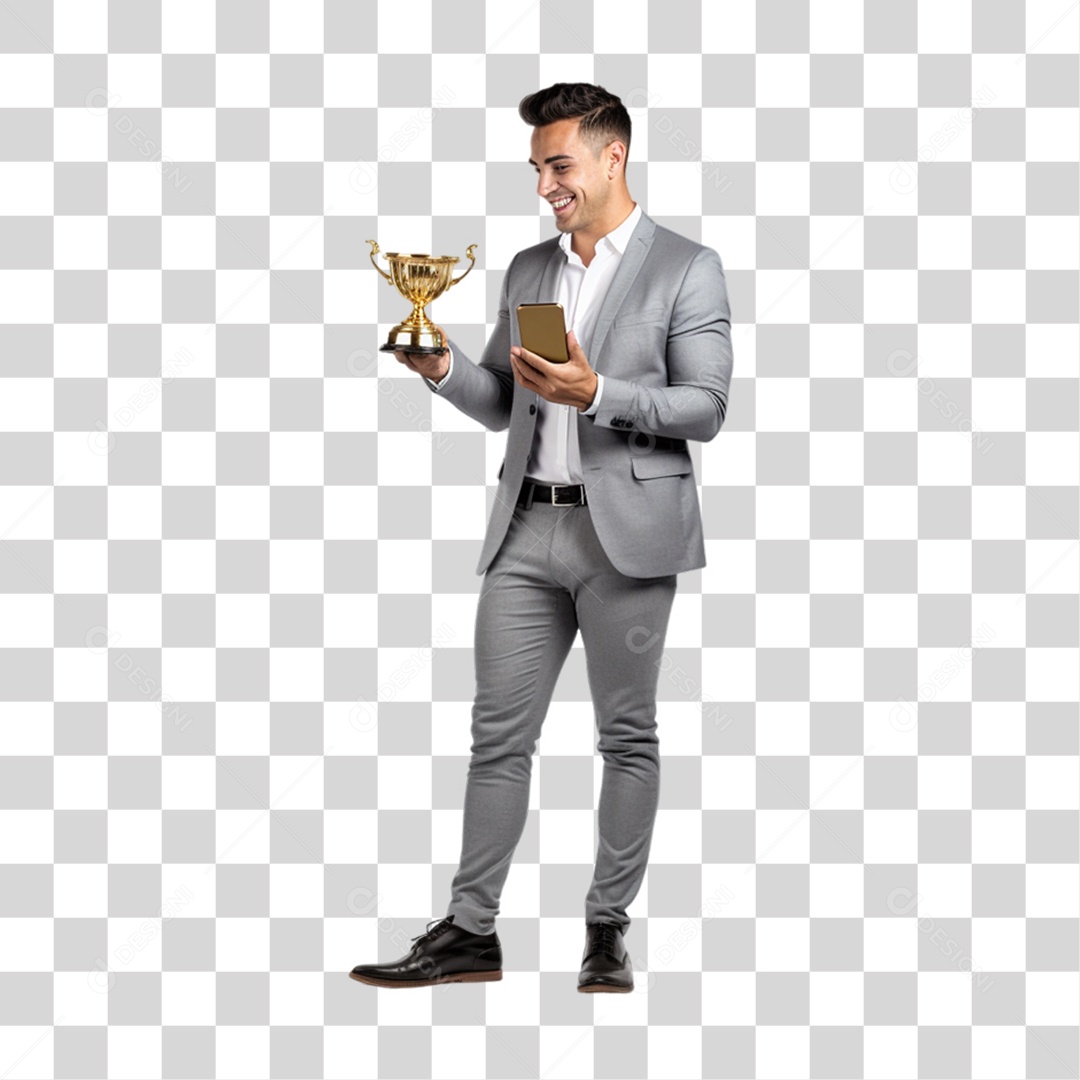 Homem com Celular e Troféu nas Mãos PNG Transparente