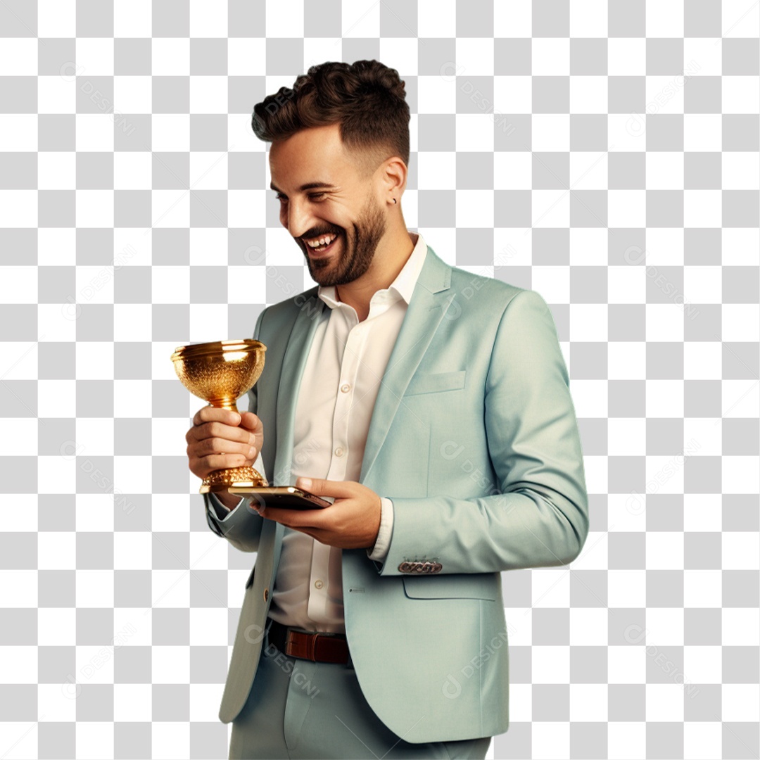 Homem com Celular e Troféu nas Mãos PNG Transparente