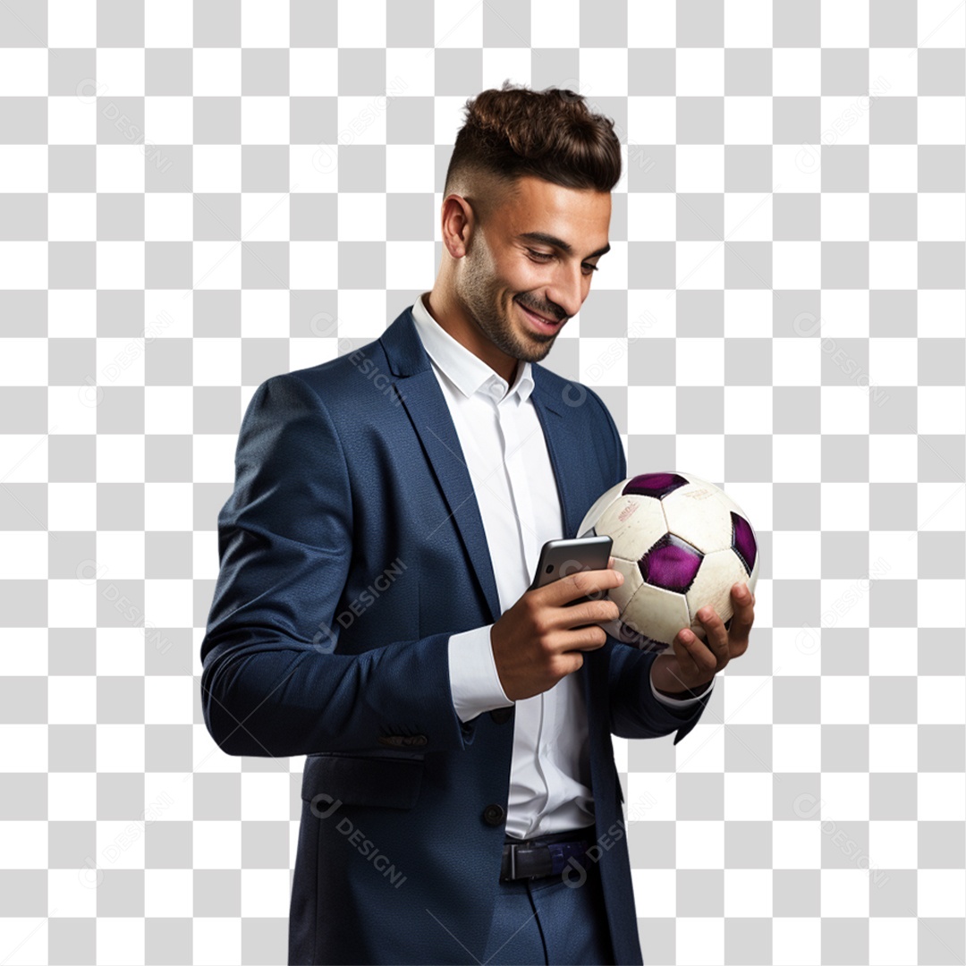Homem com Celular e Bola nas Mãos PNG Transparente