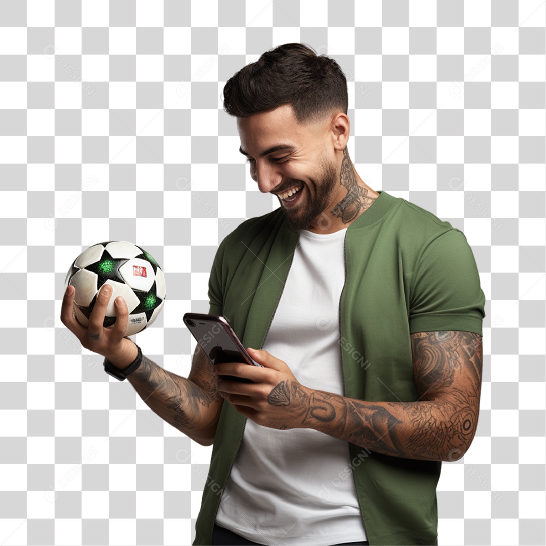 Homem com Celular e Bola nas Mãos PNG Transparente