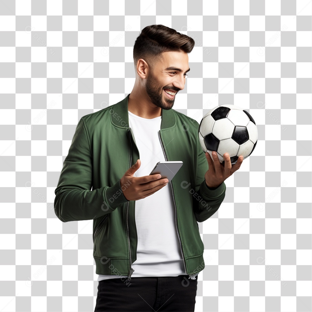 Homem com Celular e Bola nas Mãos PNG Transparente