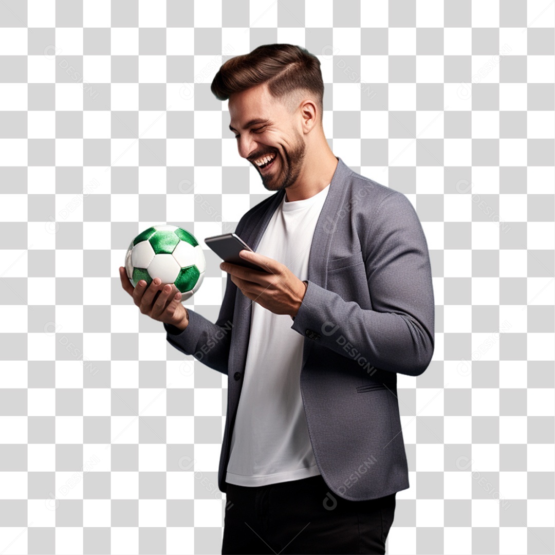 Homem com Celular e Bola nas Mãos PNG Transparente