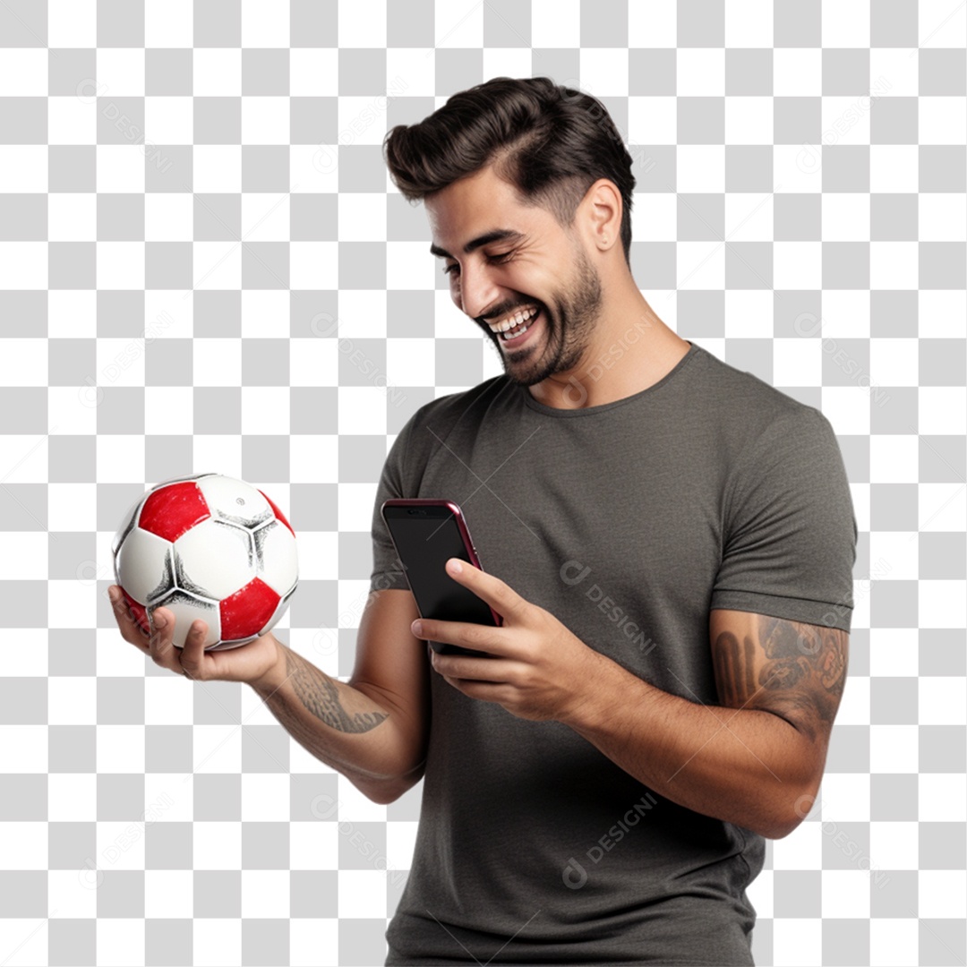 Homem com Celular e Bola nas Mãos PNG Transparente