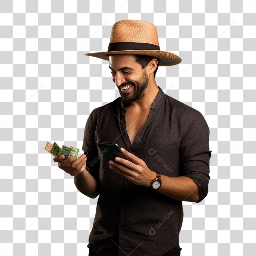 Homem com Celular e Dinheiro nas Mãos PNG Transparente