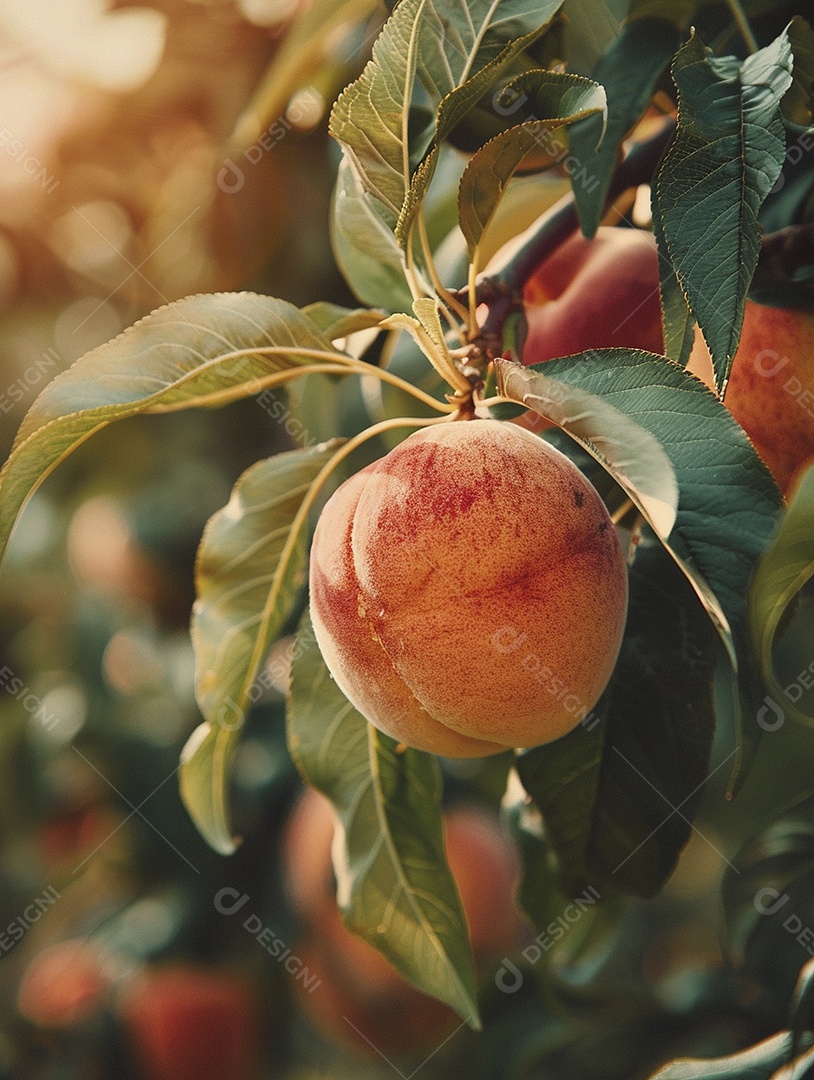 Um pêssego pendurado em um pessegueiro