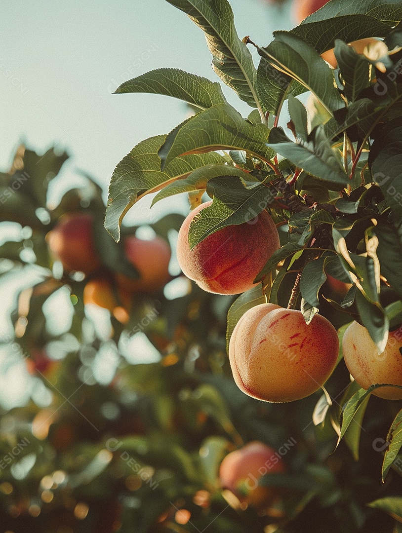 Um pêssego pendurado em um pessegueiro