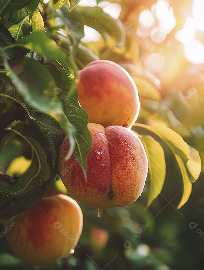 Um pêssego pendurado em um pessegueiro