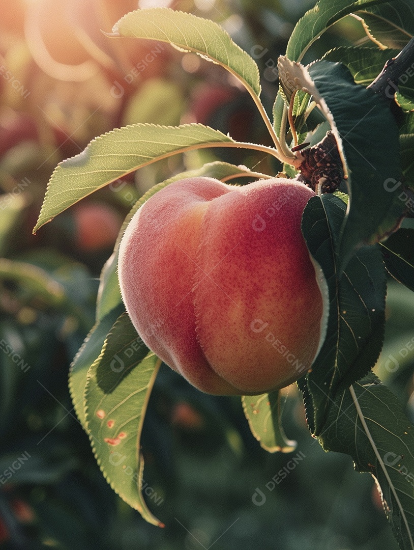 Um pêssego pendurado em um pessegueiro