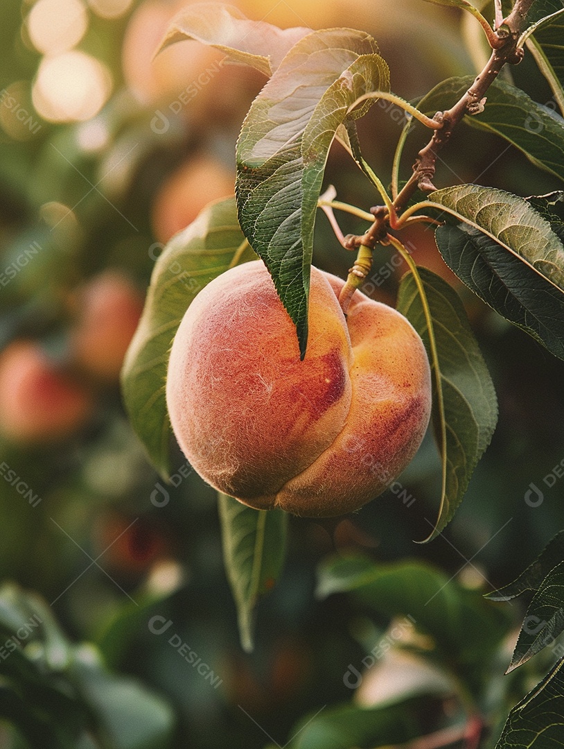 Um pêssego pendurado em um pessegueiro