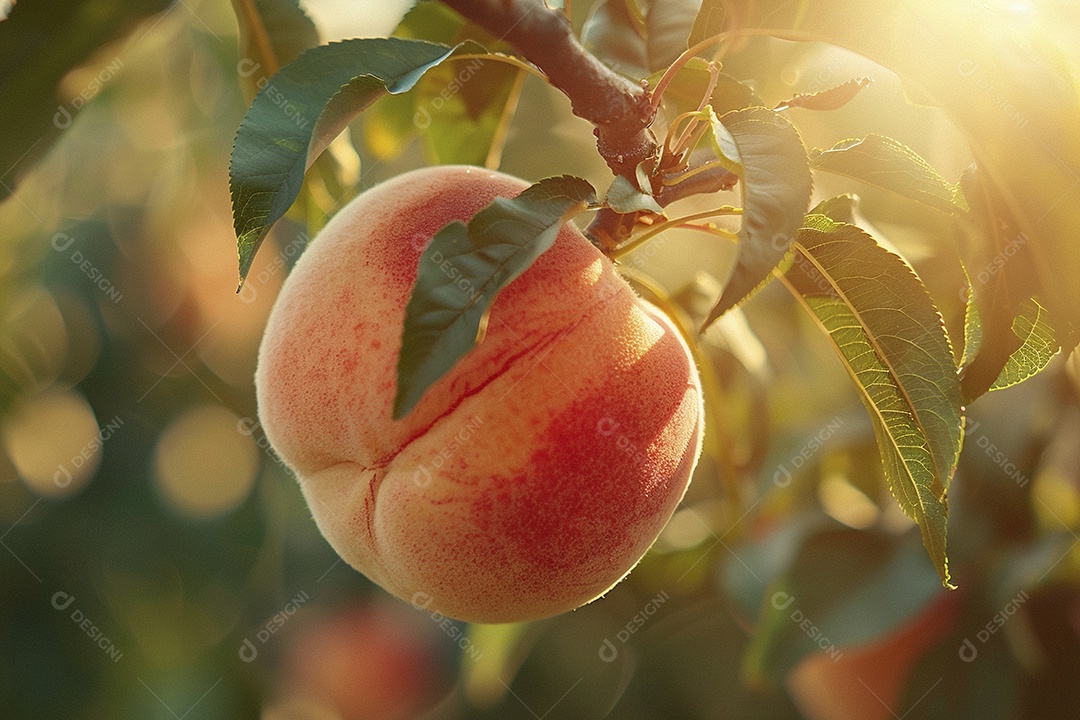 Um pêssego pendurado em um pessegueiro